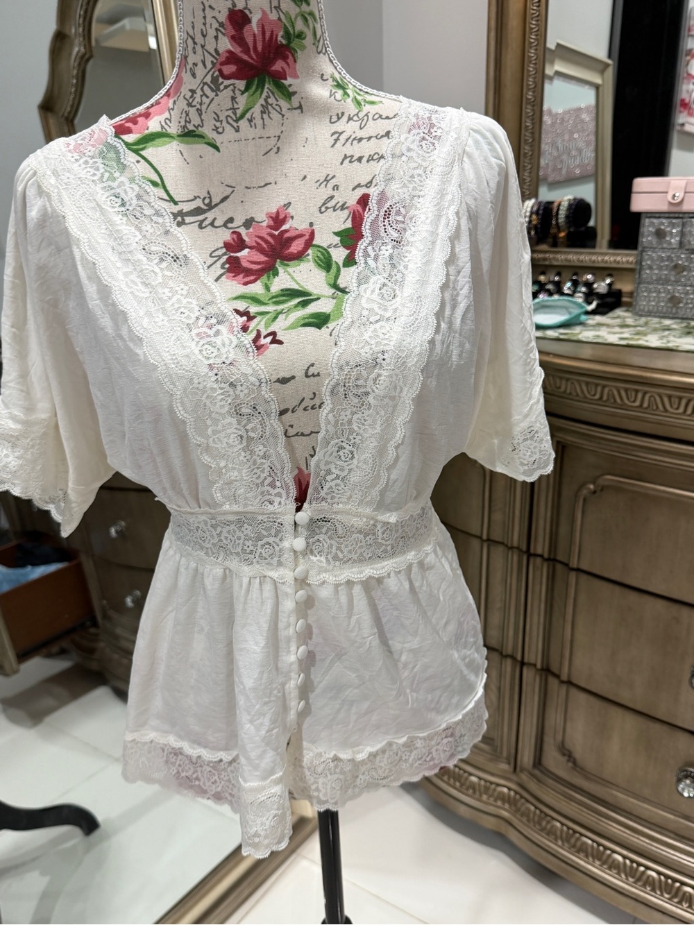 Forever 21 White Lace-Trim Button Front Intimate Top